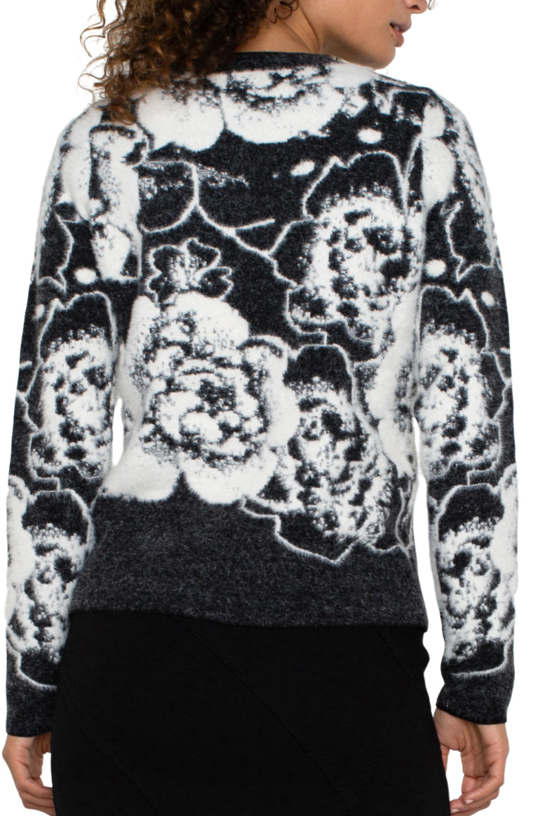 Long Sleeve Crew Neck Sweater Black & White Floral - Urban Shoetique