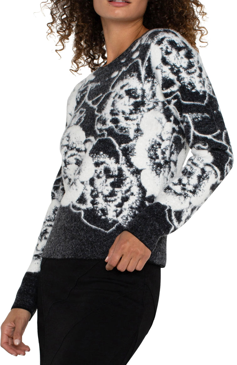 Long Sleeve Crew Neck Sweater Black & White Floral - Urban Shoetique